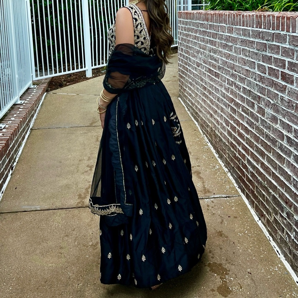 Black and Gold Embroidered Satin Lehenga - Picture 4 of 5